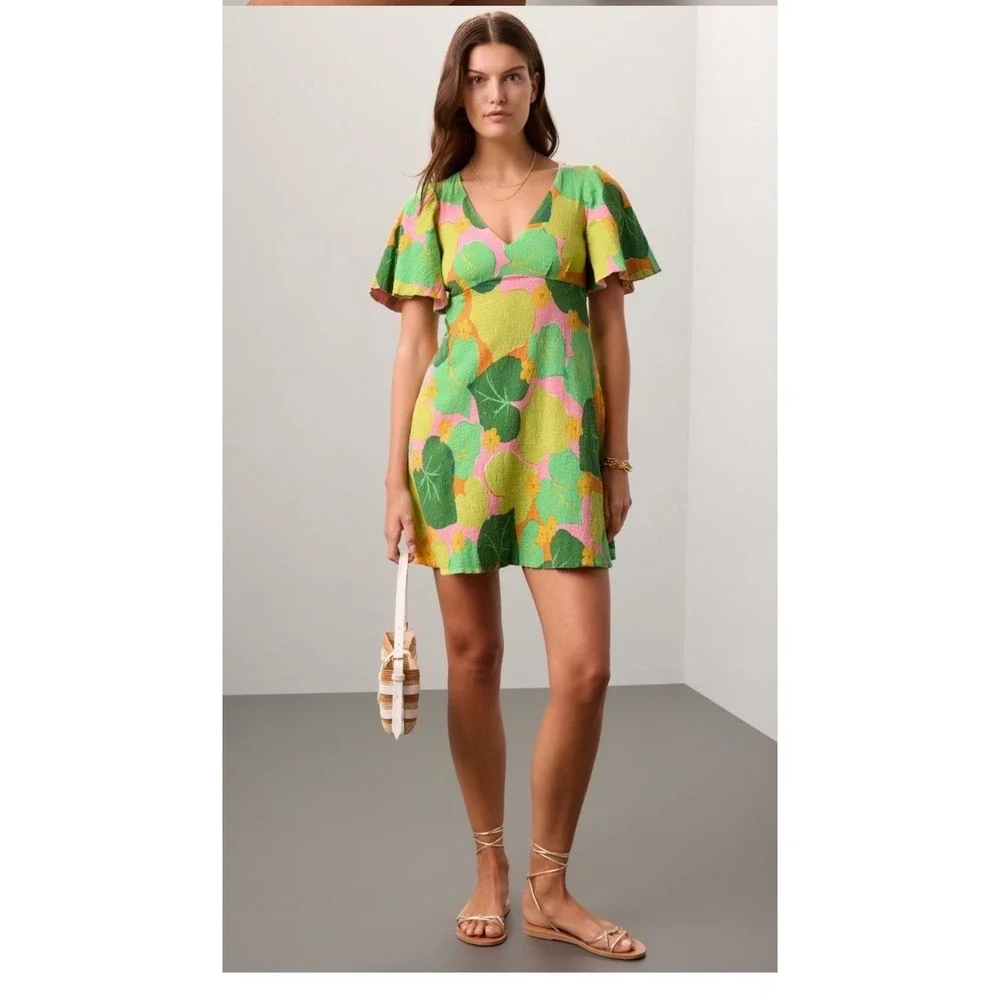 Kate Spade New York Cucumber Floral Swing‎ Dress Green Orange Pink V-Neck Mini 0